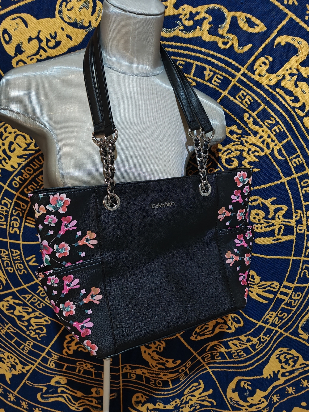 Calvin Klein Black Floral Chain-Handle Tote Bag